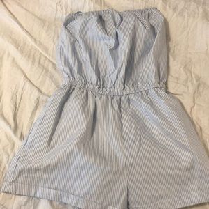 Blue strapless pinstriped romper